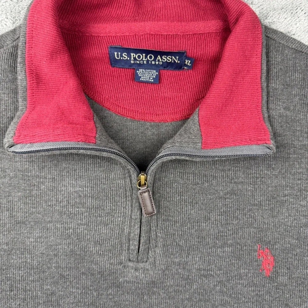 US Polo Assn Mens XL Quarter Zip Pullover Sweater Gray Red Logo Cotton Blend - Picture 2 of 5
